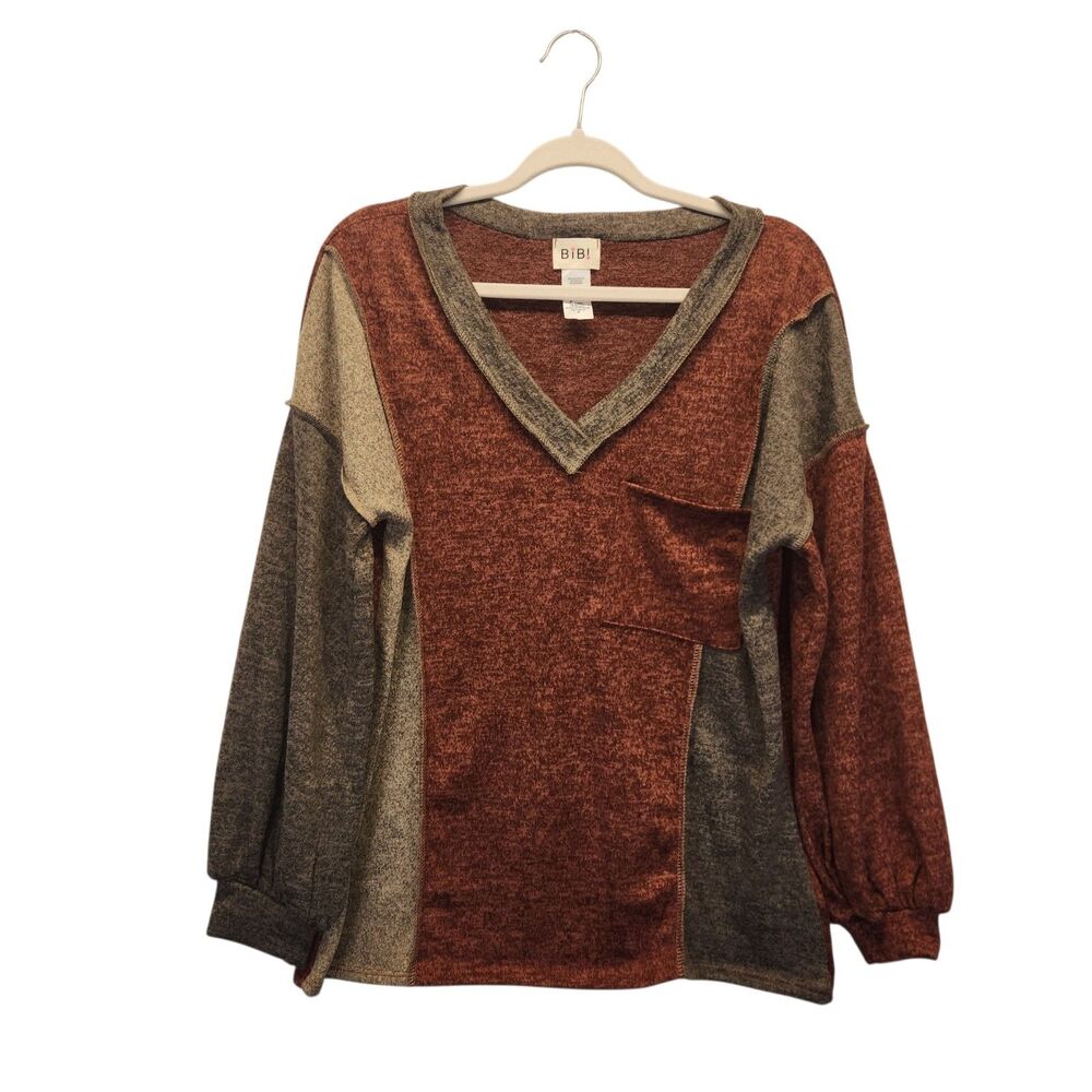 Bibi Knit V-Neck Colorblock Puff Sleeve Womens Sweater MEDIUM Boho